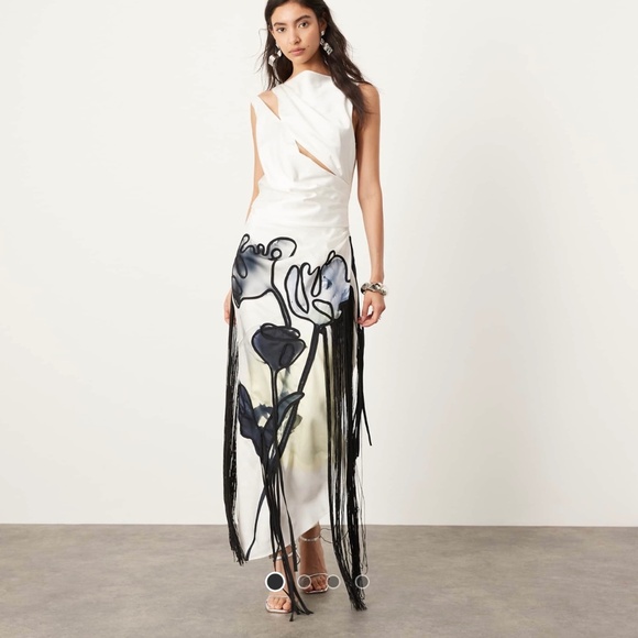 Pre-owned ASOS embroidered floral drape midi white dress with fringe US10 - Picture 1 of 4